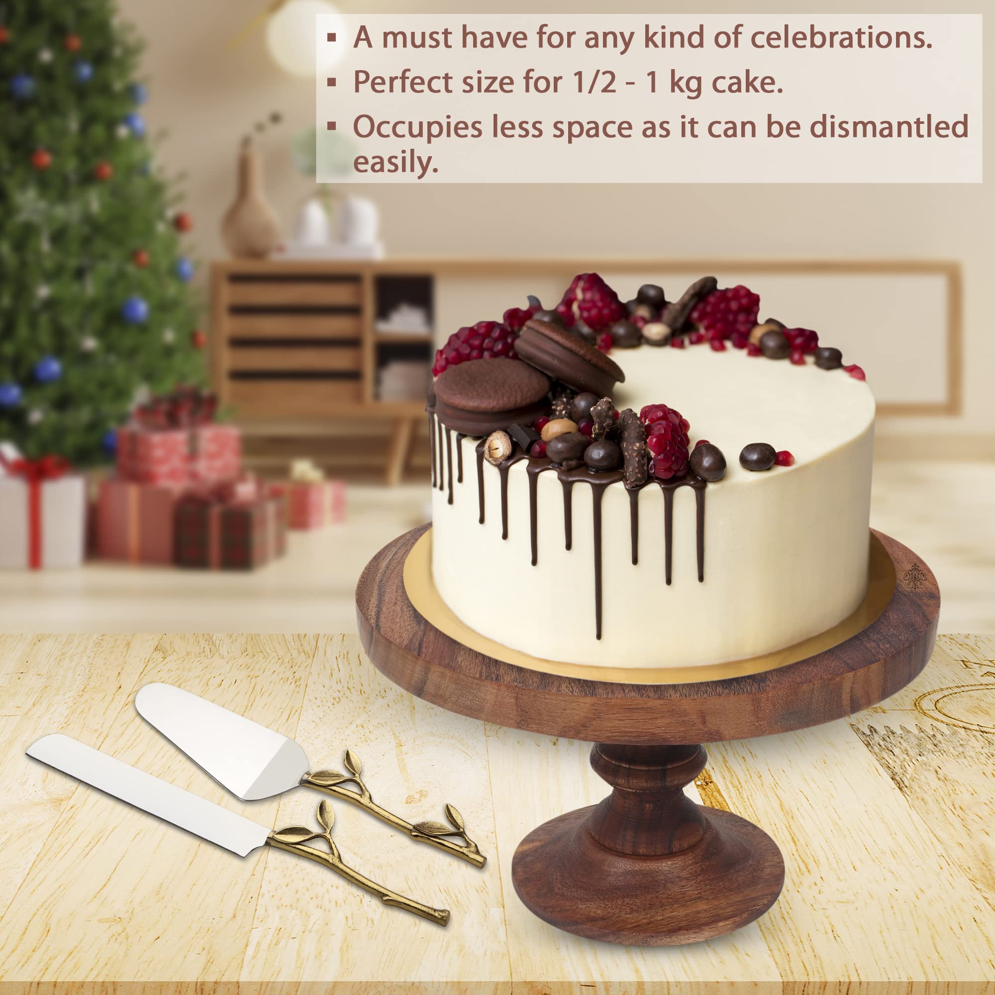 Saaga Round Birch Wooden Cake Stand - 9X5.5 Inch - Pizza Stand, Dessert Platter, Stand For Dining Table - Brown